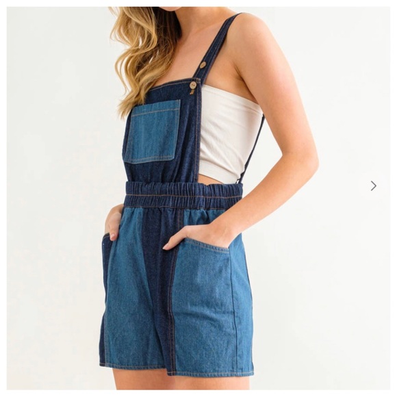 14 Retro Denim Color Block Suspender Romper - Picture 4 of 6